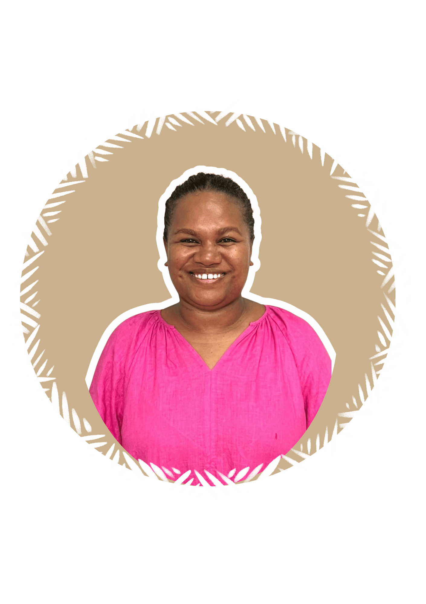 Smiling woman with dark hair pulled back, wearing a bright pink blouse, superimposed over a green background with a beige circular element and white palm leaf design.