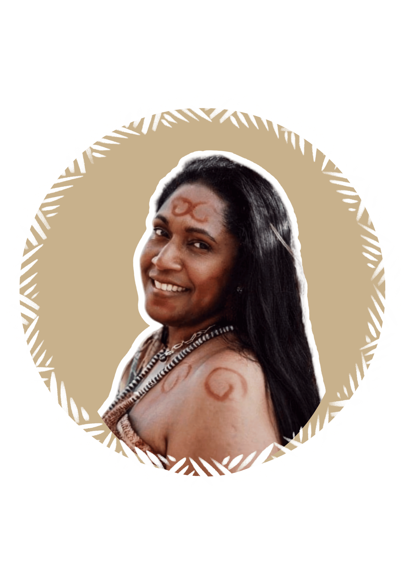 A woman with long black hair smiling, with henna designs on her forehead and shoulder, against a beige circular background with a white leaf pattern border.