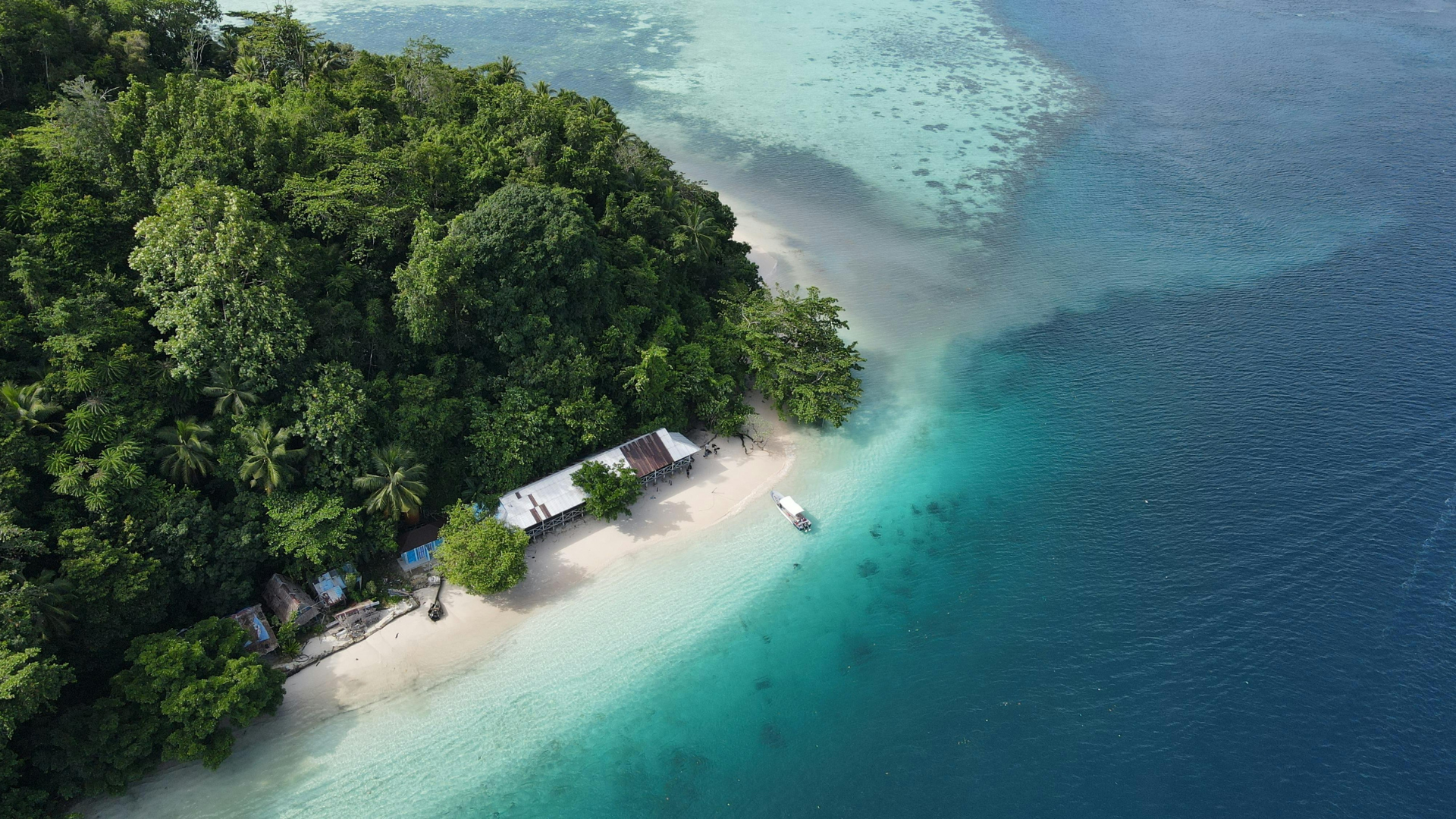 Aerial view of a Melanesian island beach with dense rainforest, a seaside hut, small boats, and turquoise reef waters