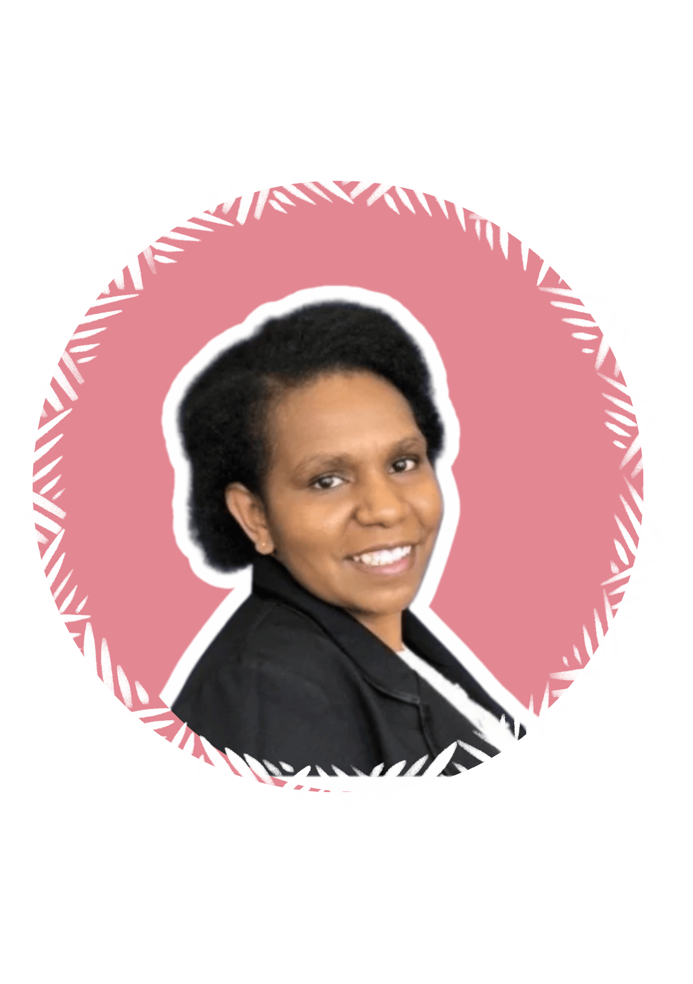 Portrait of an African American woman with short black hair, wearing a black blazer, smiling, set against a pink background with white decorative elements.
