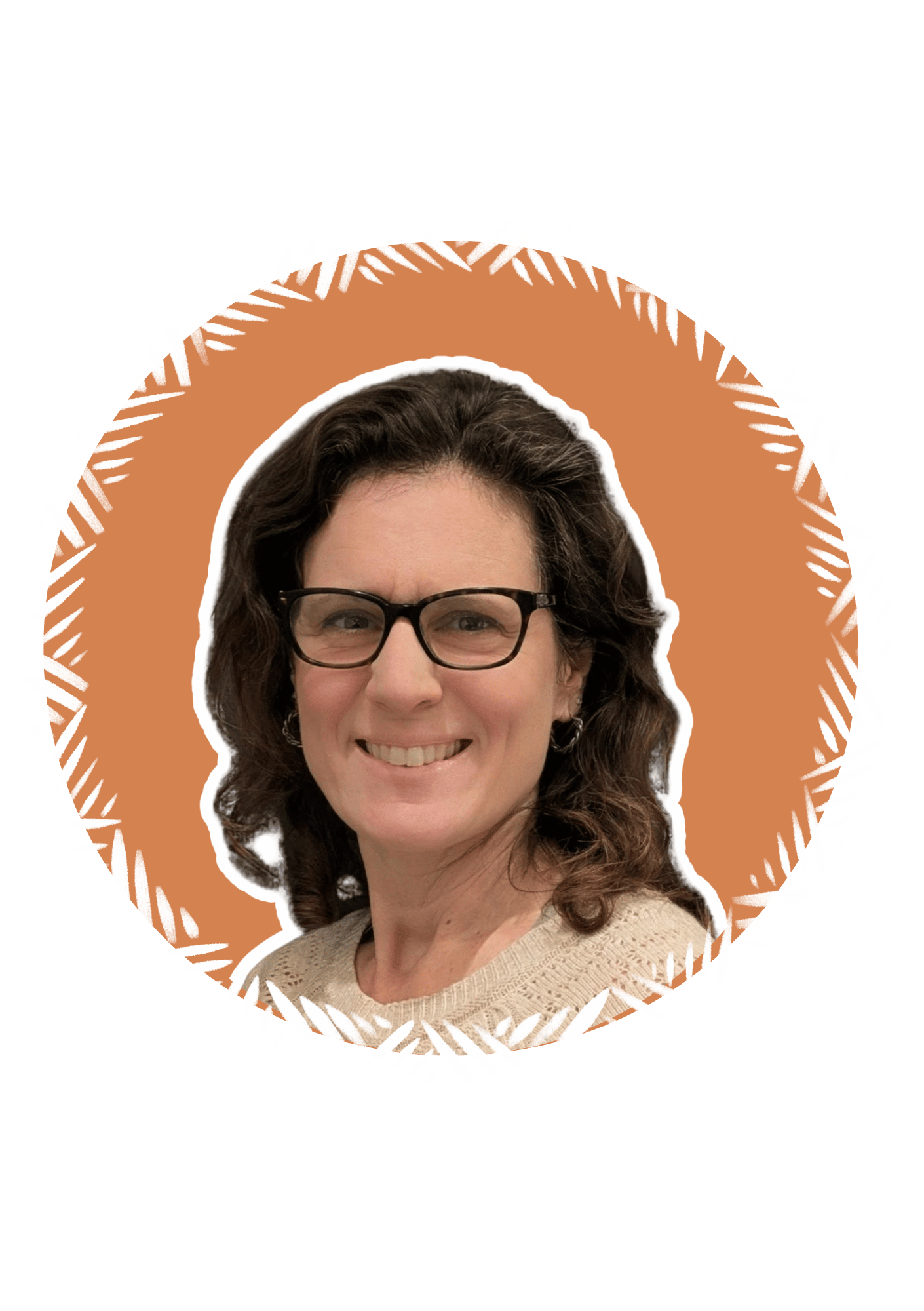 A woman with dark, curly hair wearing glasses and a beige sweater, smiling, with a layered background of orange and black with white decorative elements.
