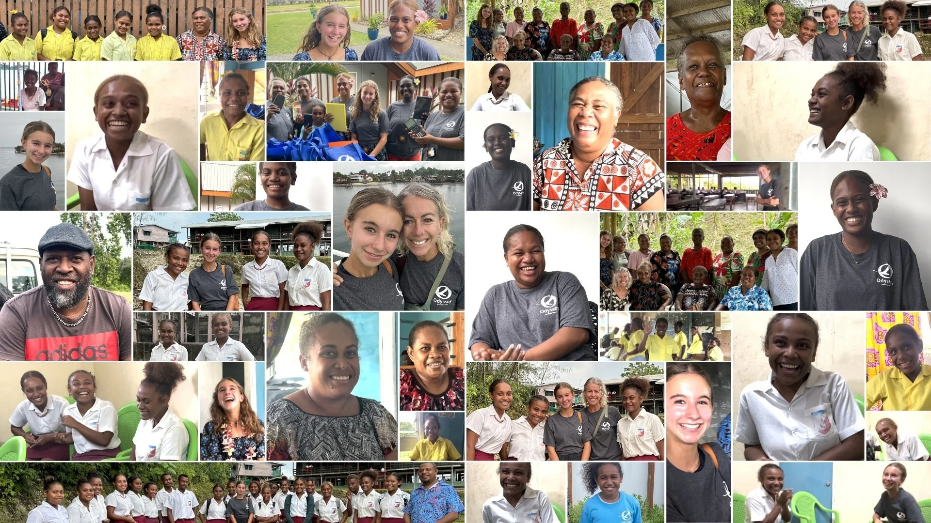 Photo collage of Odyssey volunteers, students, and community members smiling together in Fiji