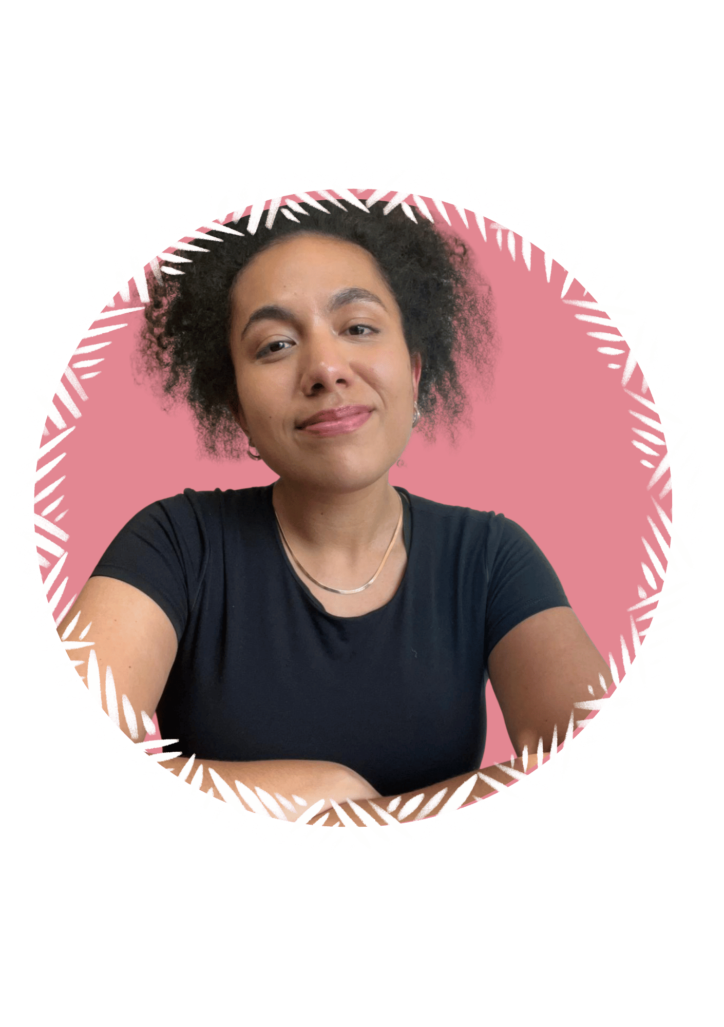 A woman with curly hair and wearing a black shirt takes a selfie against a pink background with a white leaf border design.