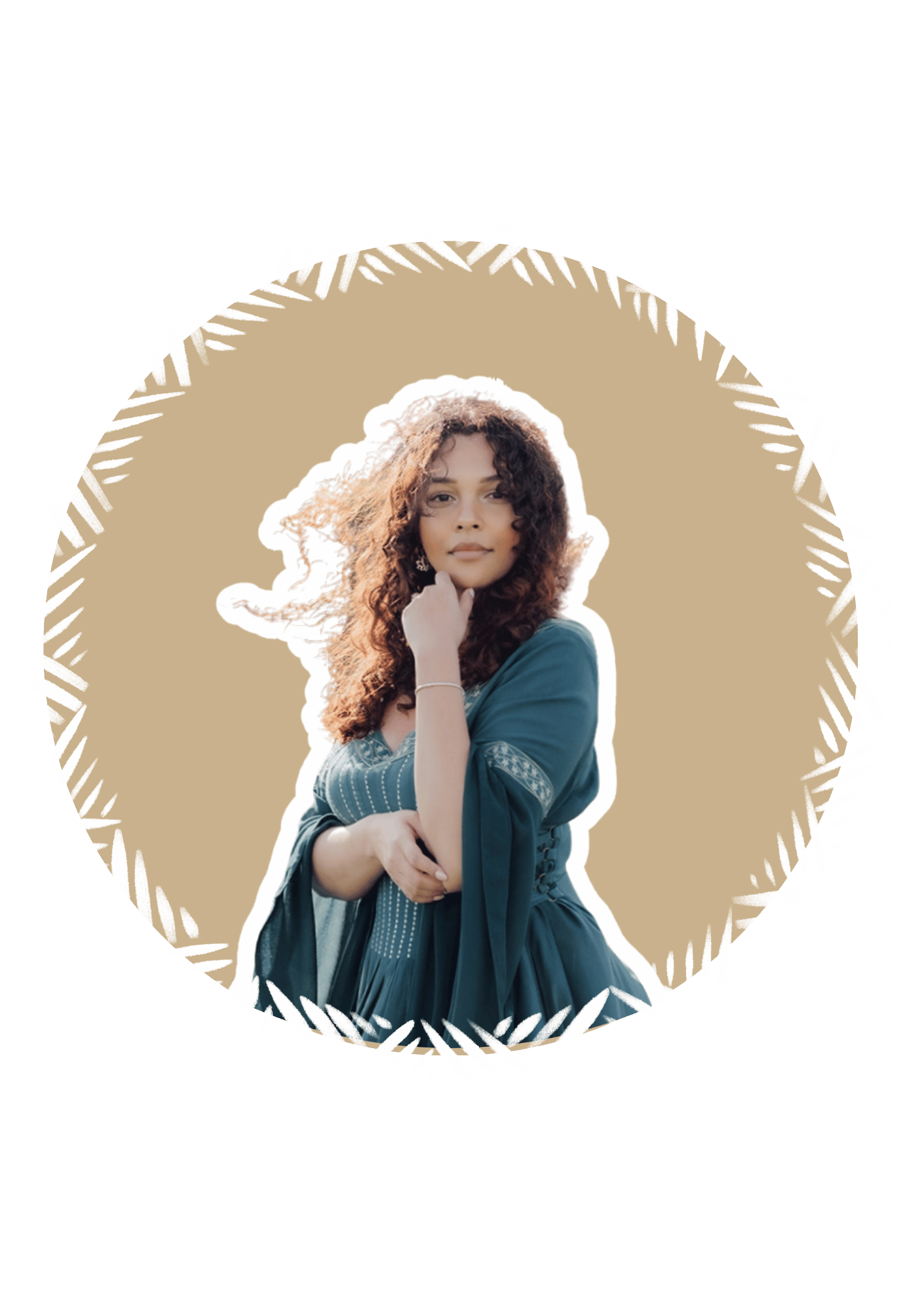 Young woman with curly hair posing outdoors, wearing a blue dress with patterned sleeves, surrounded by a beige circular background with a white leaf border.