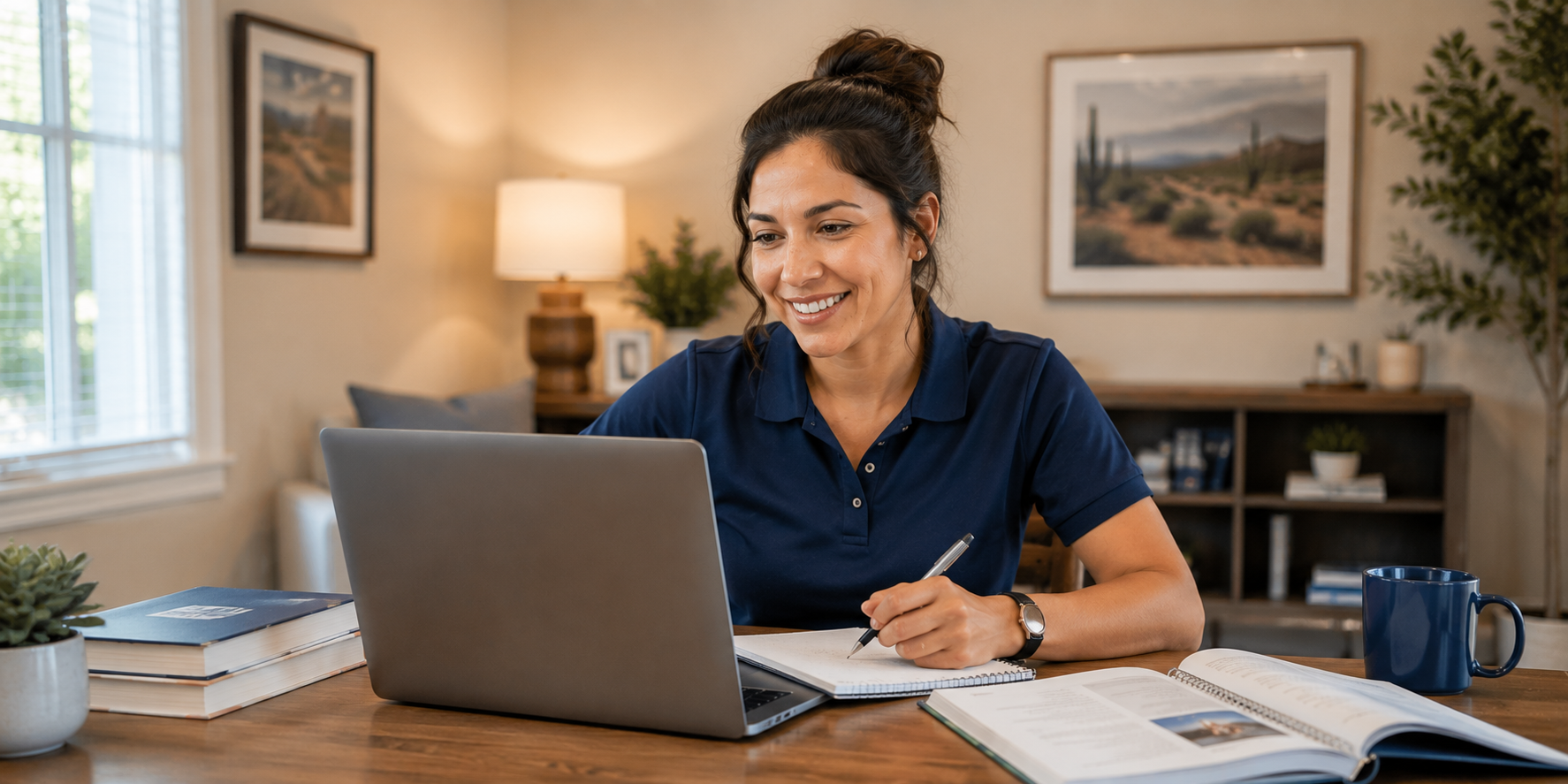 Senior living professional completing online Arizona memory care services training certification at a home office