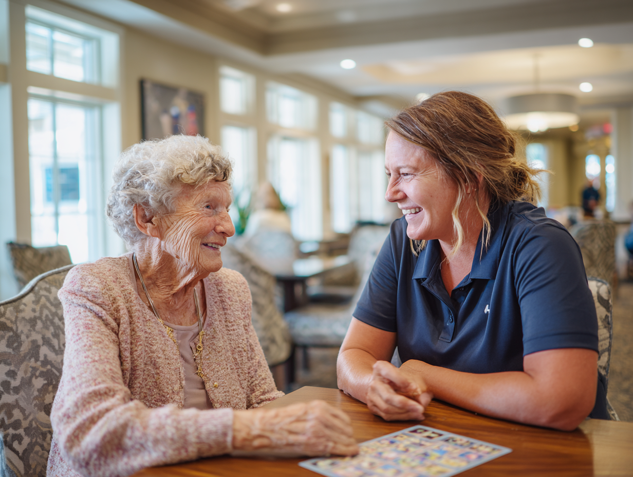 Caregiver and resident sharing a positive moment during an activity in a welcoming memory care environment.