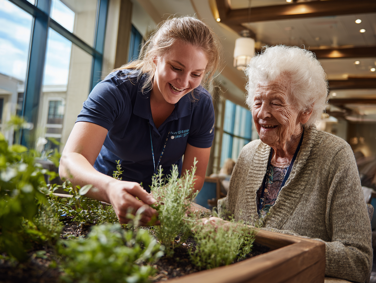 Caregiver engaging a resident in a gardening activity at an Arizona memory care community.