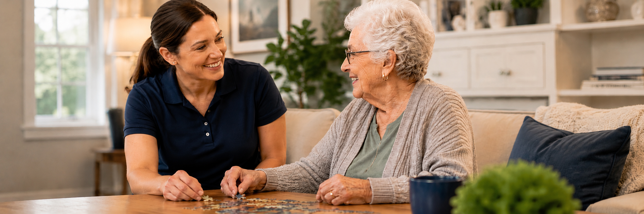 Caregiver engaging an older adult in a memory care activity at a senior living community
