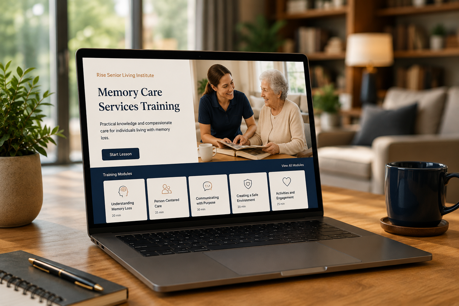 Online Arizona memory care services training course displayed on a laptop, showing course modules and a Start Lesson button