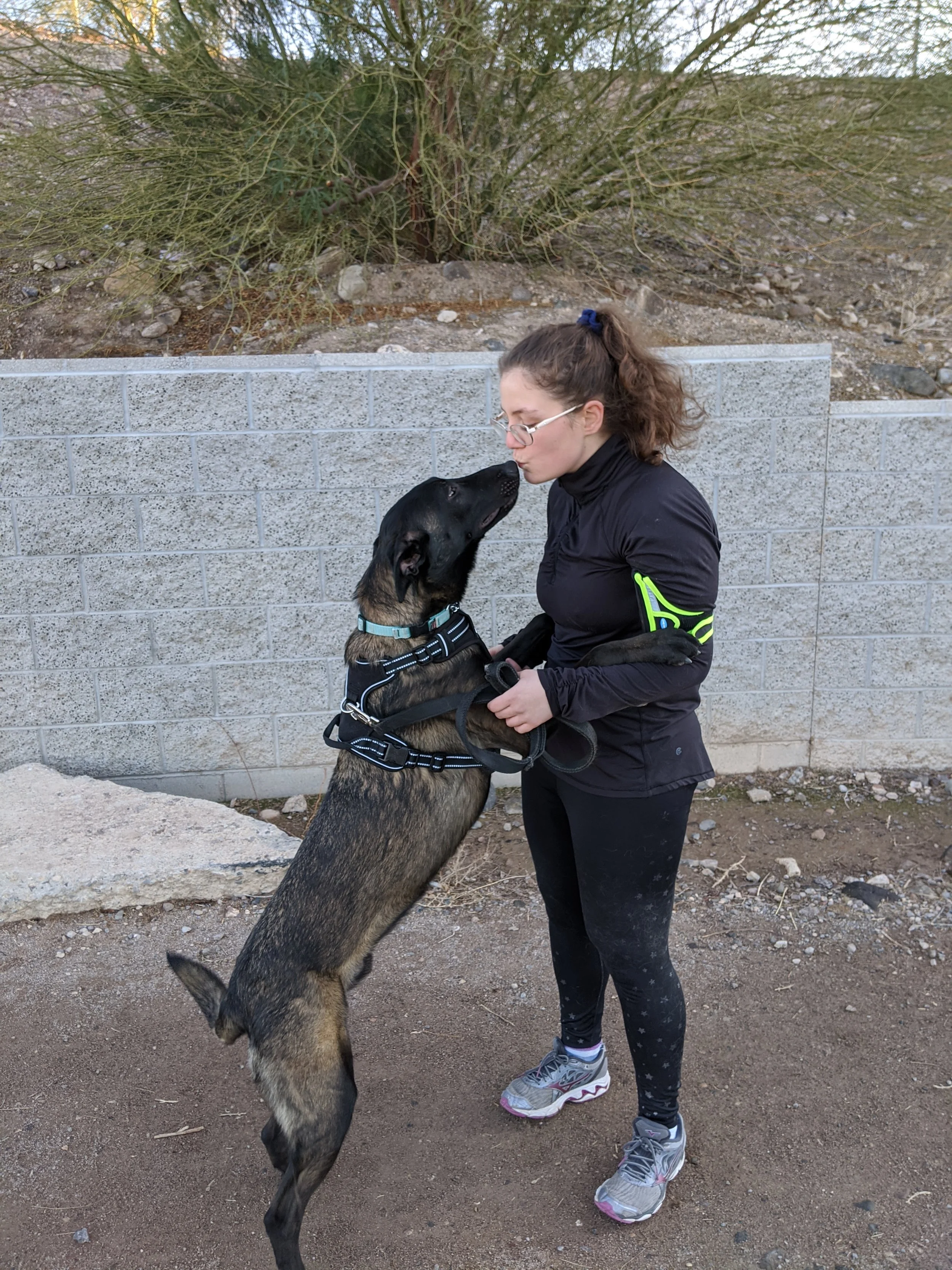 A woman in black athletic clothing and gray running shoes is holding and kissing a large German Shepherd dog on a dirt path with a stone wall and shrubbery in the background.