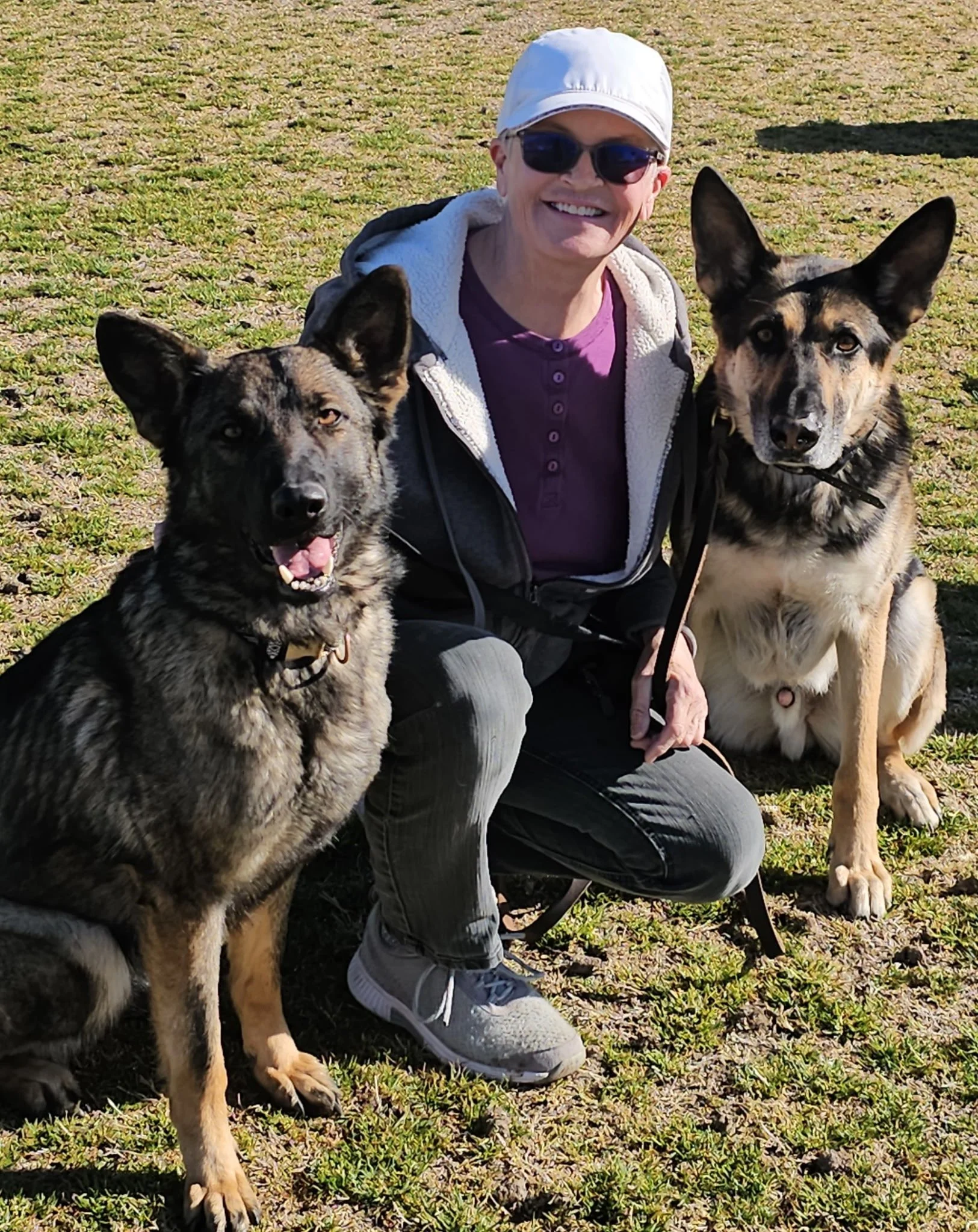 A smiling woman in sunglasses, a white cap, and outdoor clothing, kneeling on grassy ground, with two large Australian Cattle Dogs.