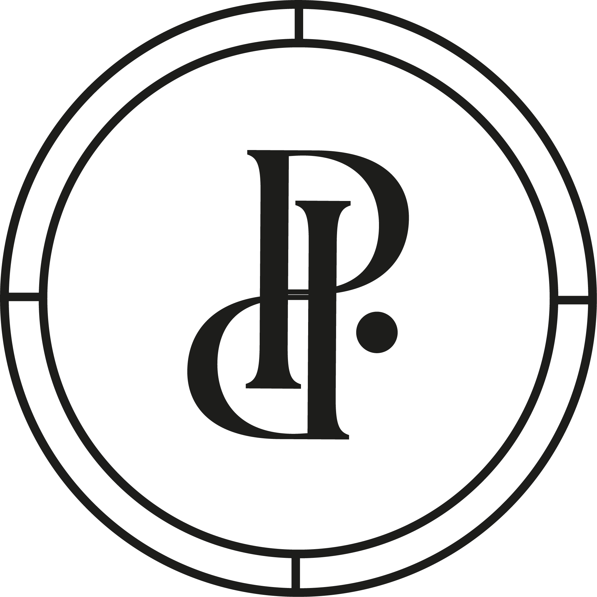 Image en noir et blanc d'un logo ou symbole circulaire avec des lettres et des formes abstraites.