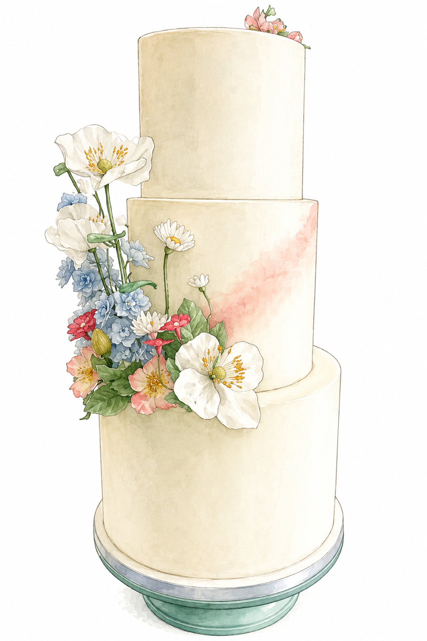 Watercolor illustration of a three-tiered cream-colored wedding cake decorated with white, pink, and blue flowers, placed on a round stand.