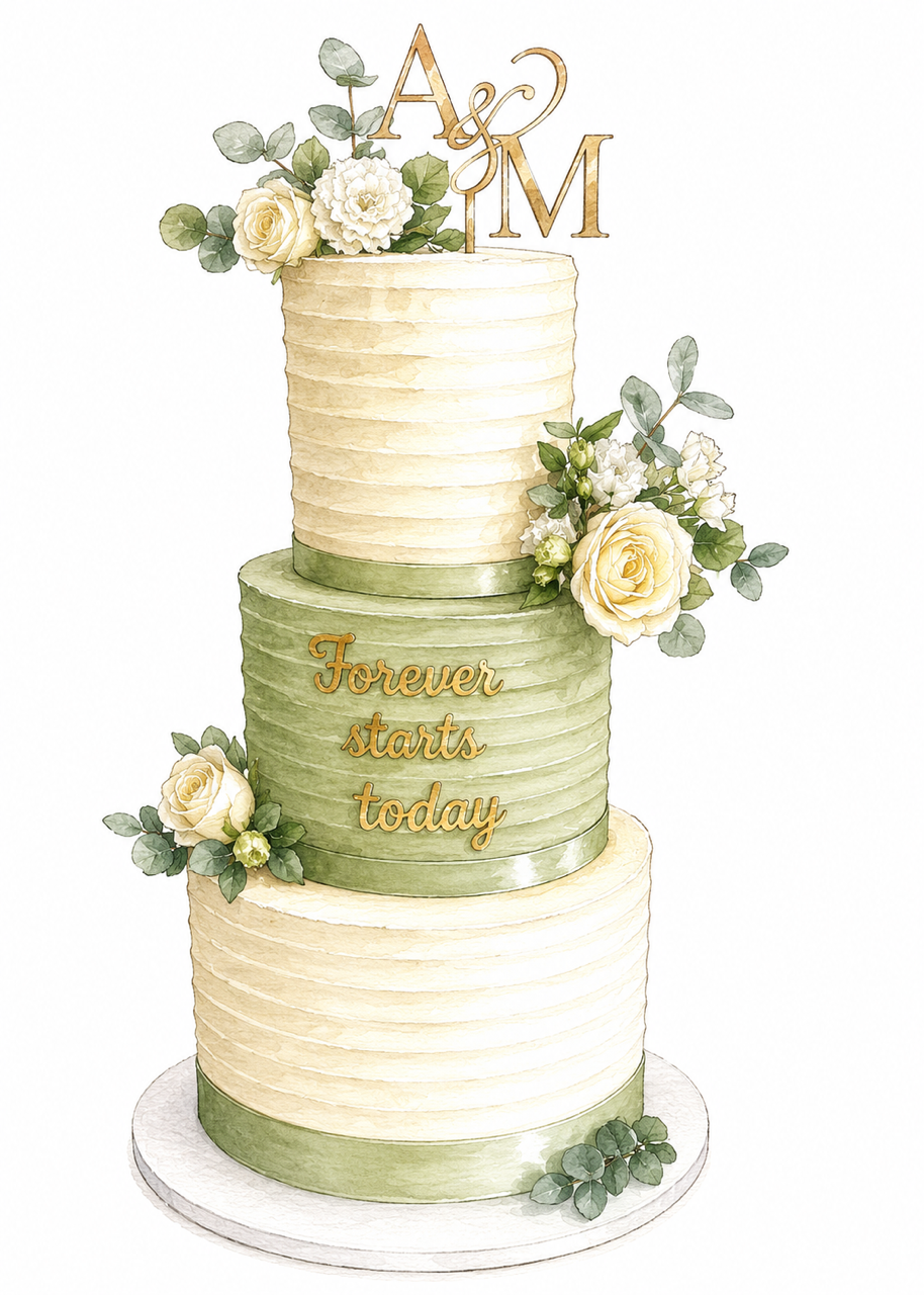 A three-tiered wedding cake decorated with white roses, greenery, and a gold topper with the initials A & M. The middle tier has the phrase "Forever starts today" written in gold.