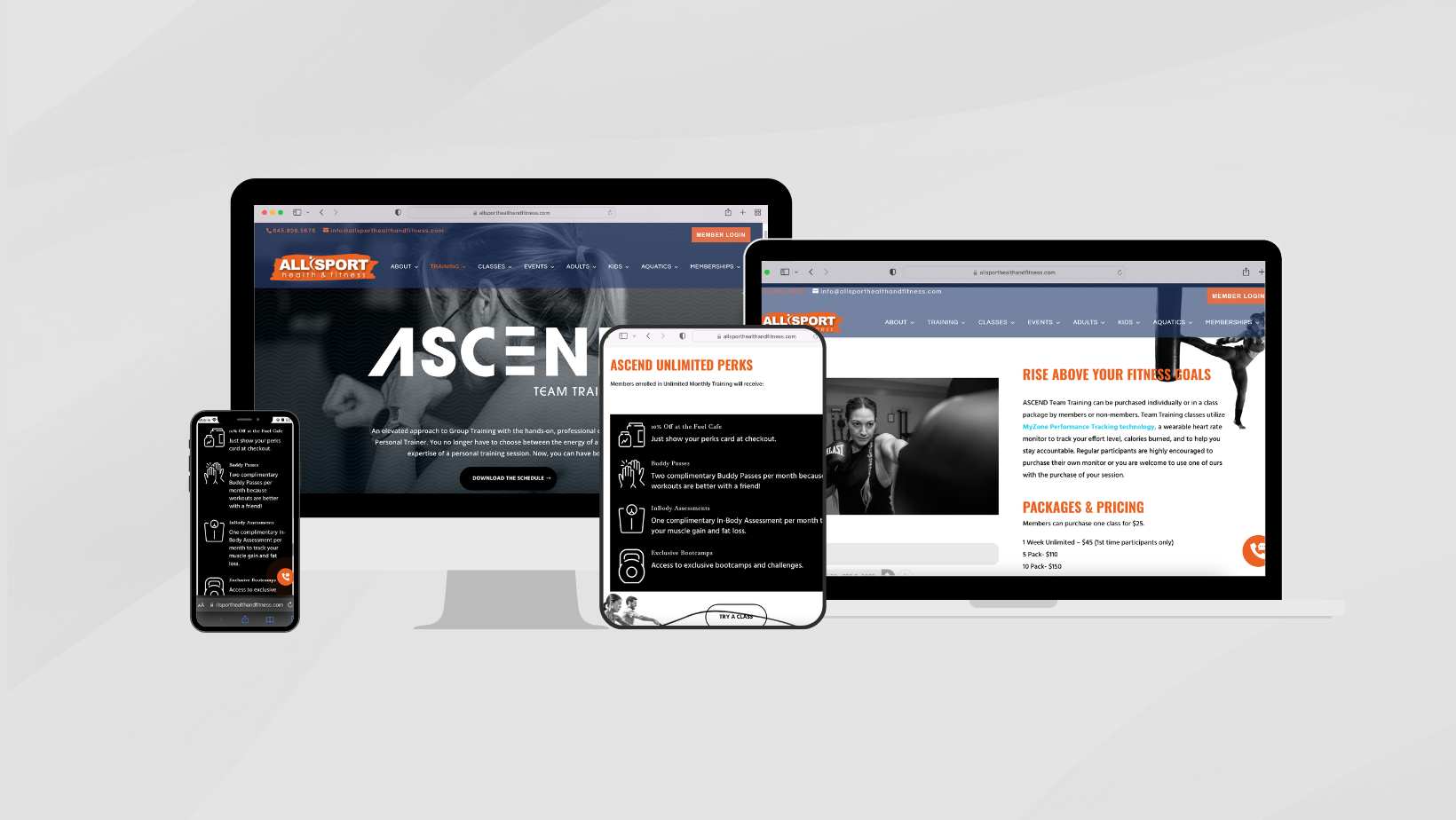 All Sport website redesign shown across desktop and mobile devices