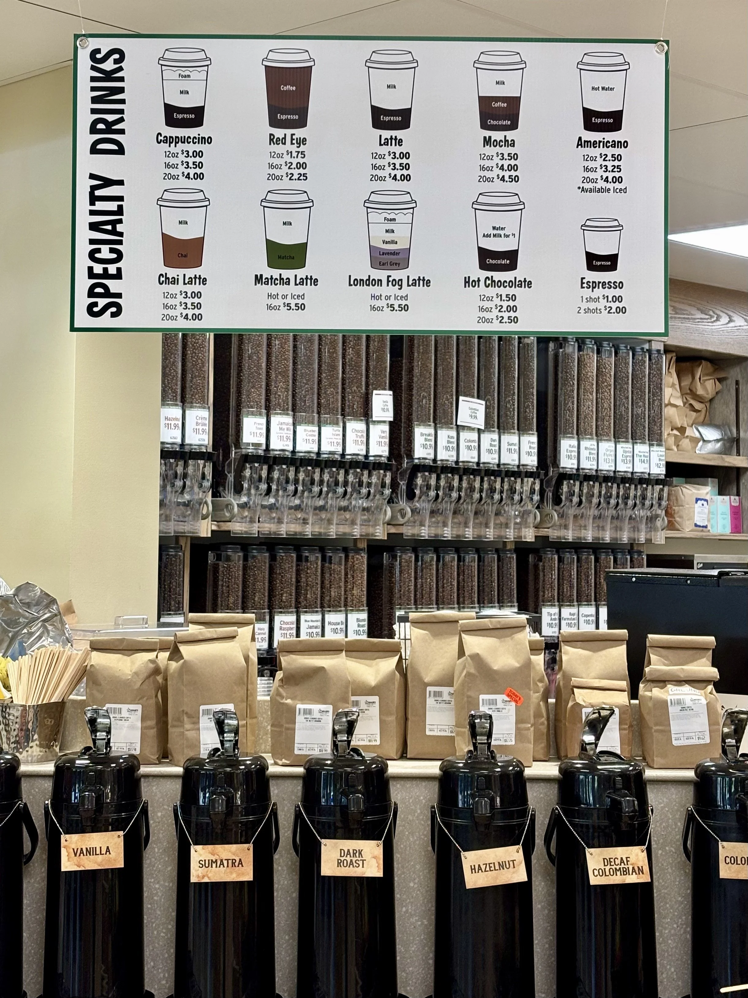 Location-specific Adams coffee and specialty drink menu