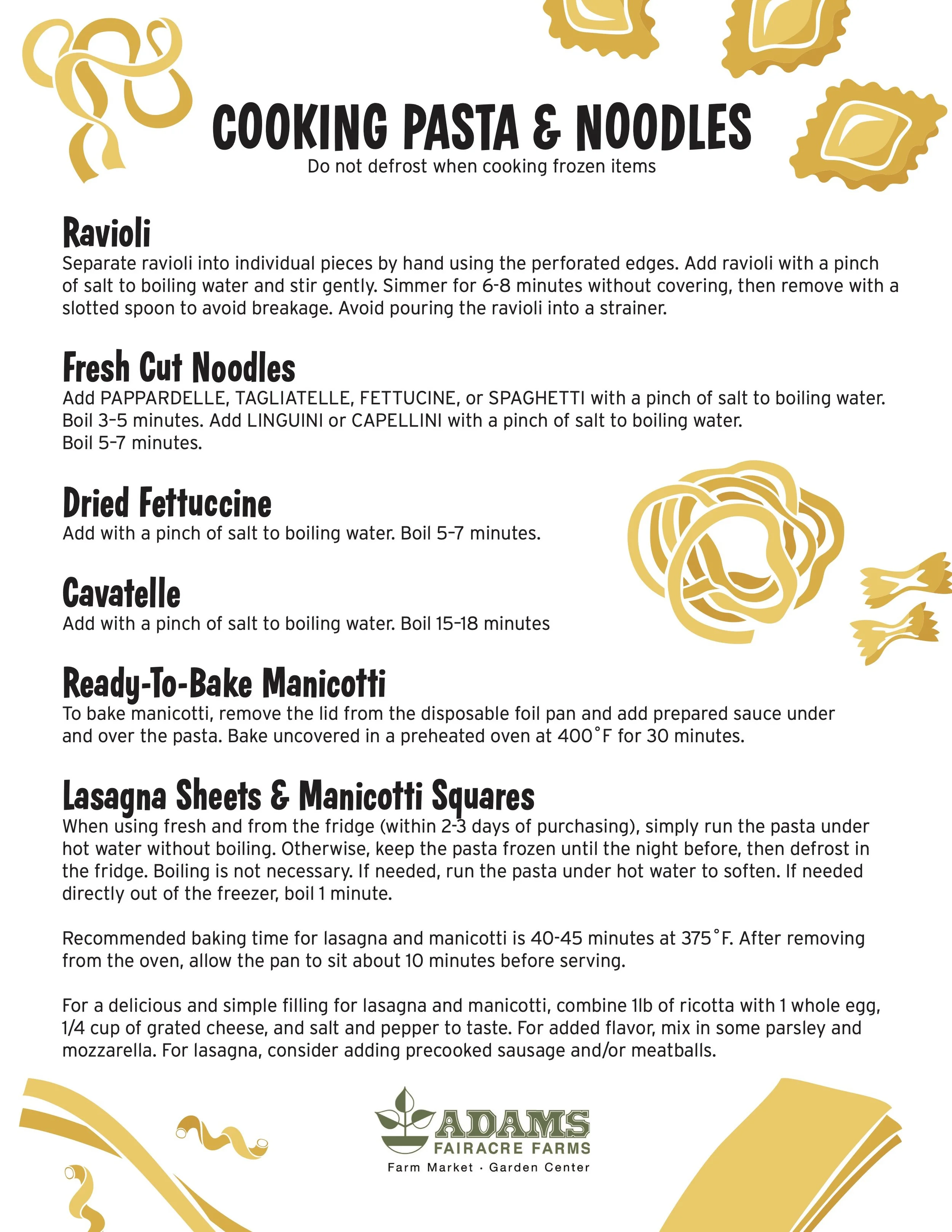Informational pasta cooking guide designed for Adams customers