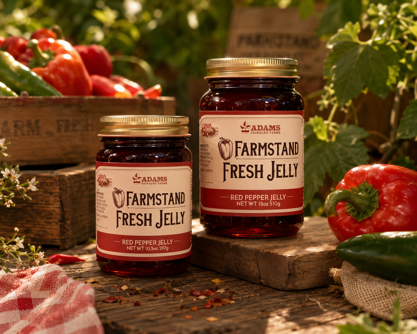 Adams Own red pepper jelly labels shown on product mockups