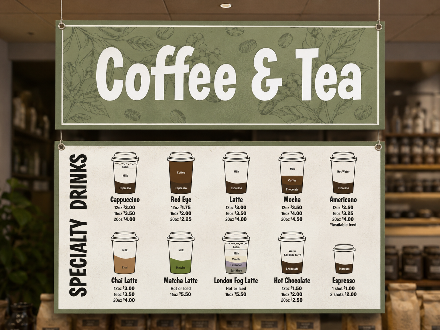 Illustrated hanging coffee menu mockup designed for an Adams location