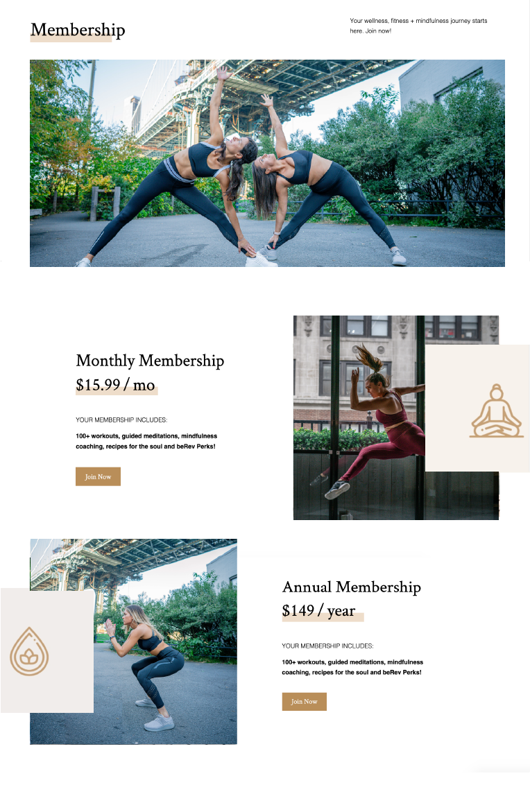 beRevolutionarie membership page redesign shown in desktop website mockups.