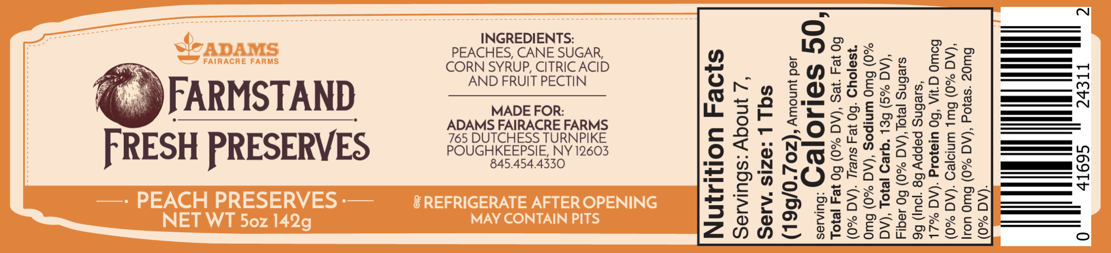 Production label for Adams Own peach preserves with product and nutrition information