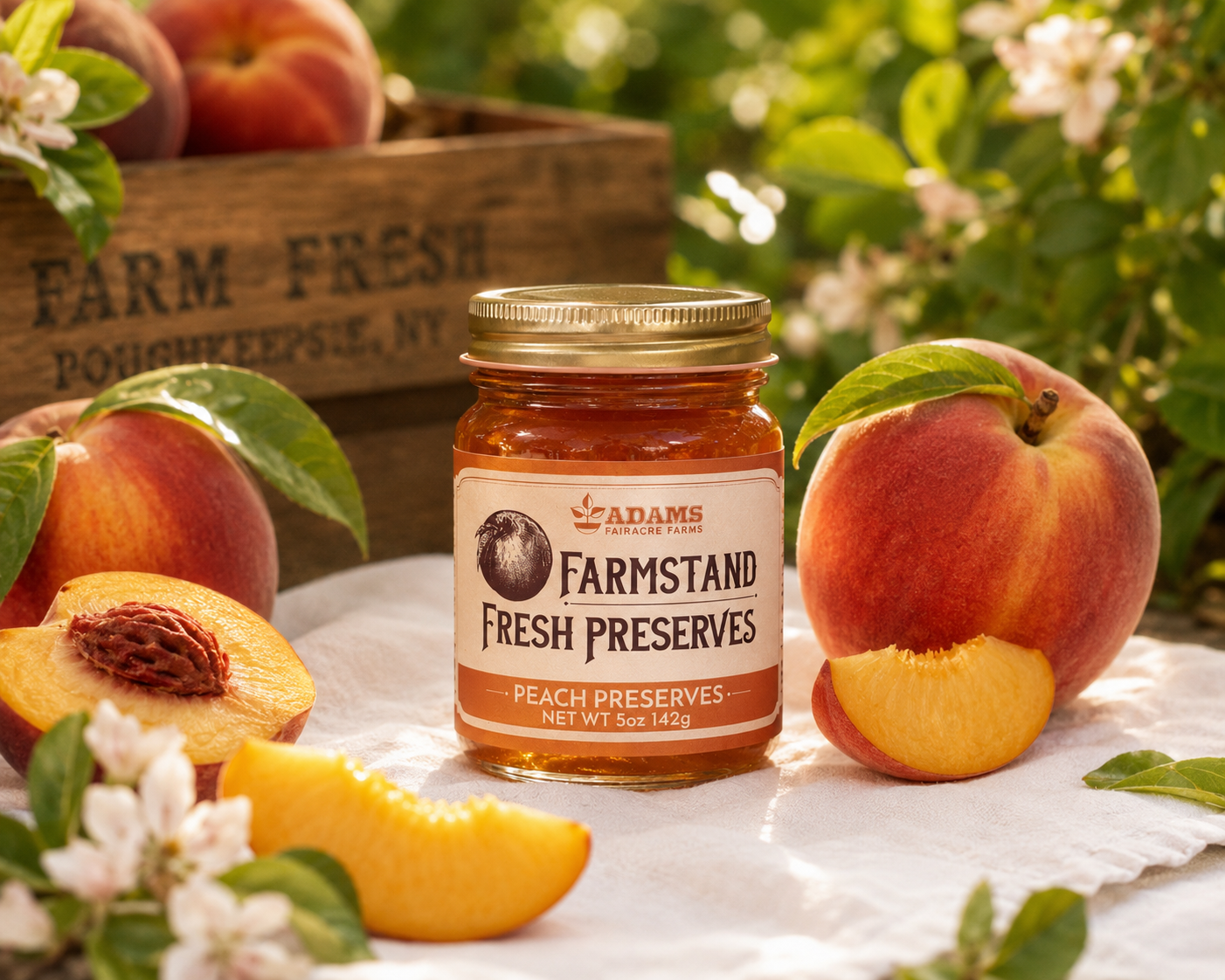 Adams Fairacre Farms peach preserves packaging design