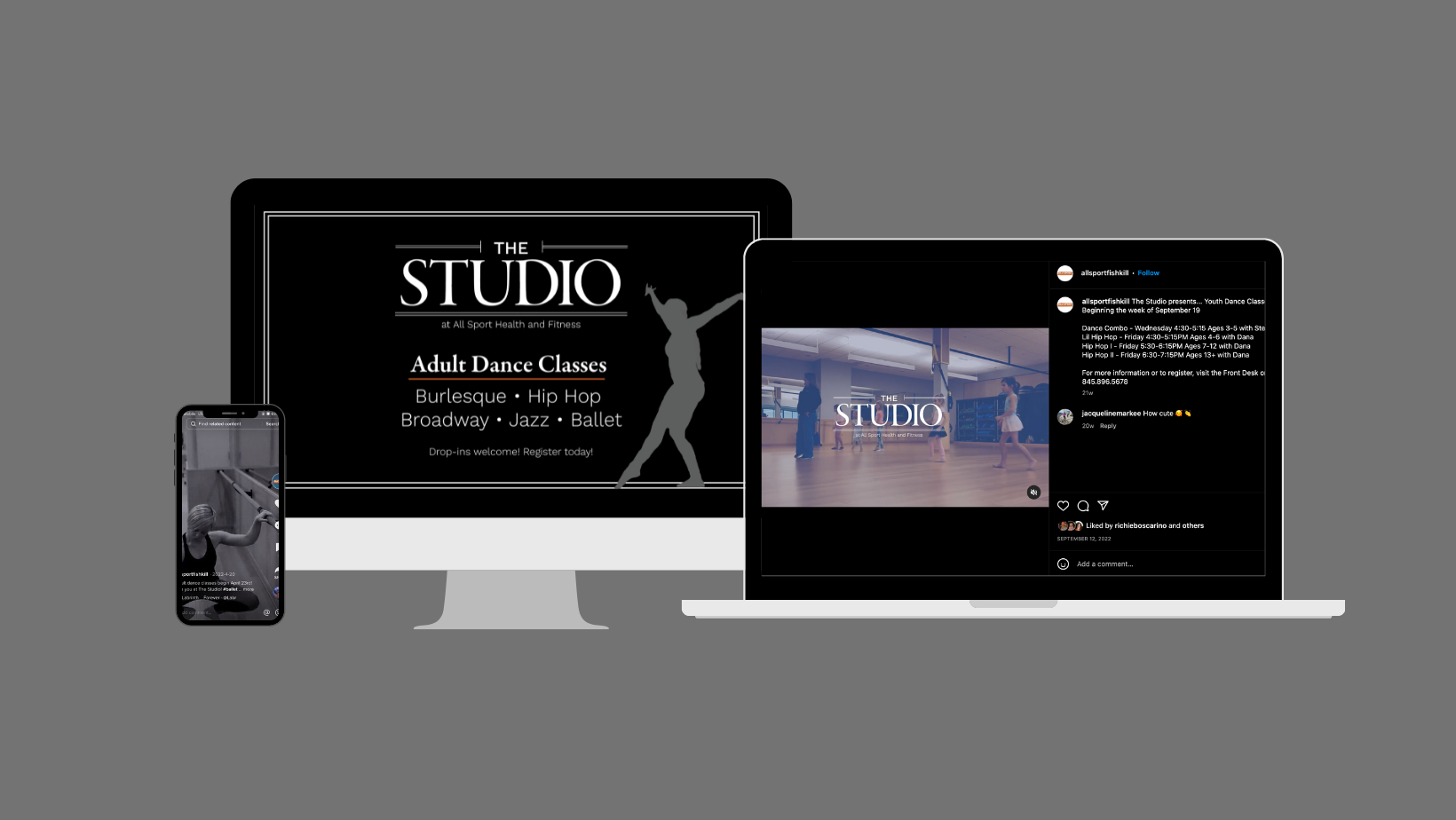 The Studio dance program logo and social media applications