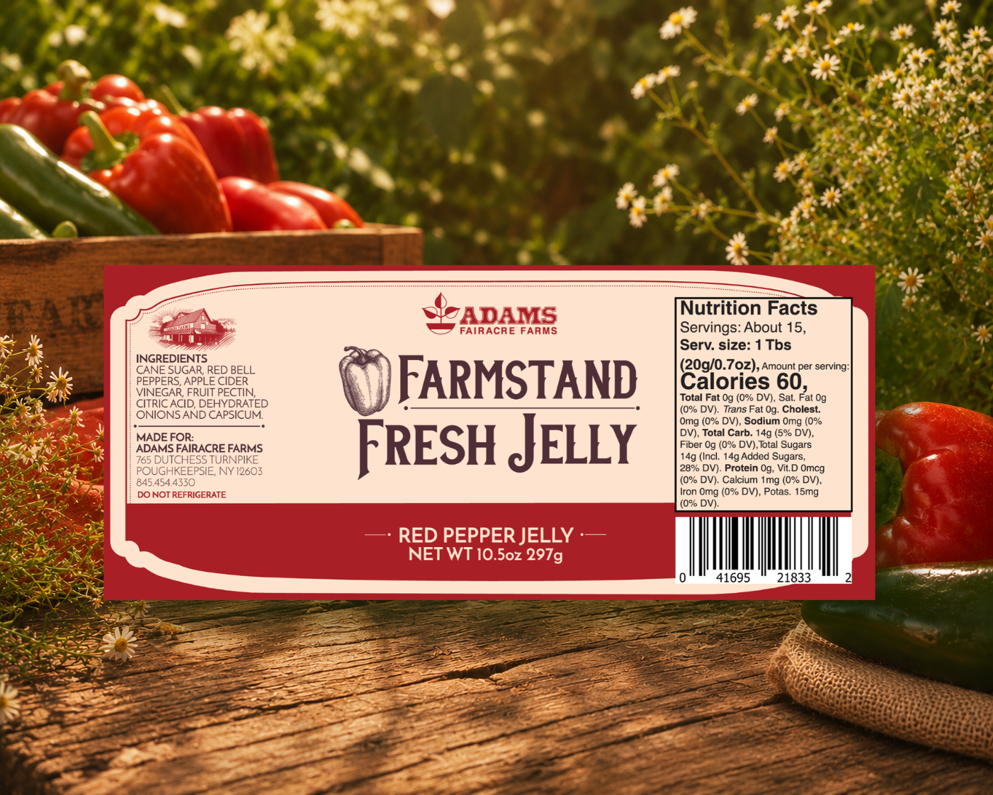 Adams Own red pepper jelly labels shown on product mockups