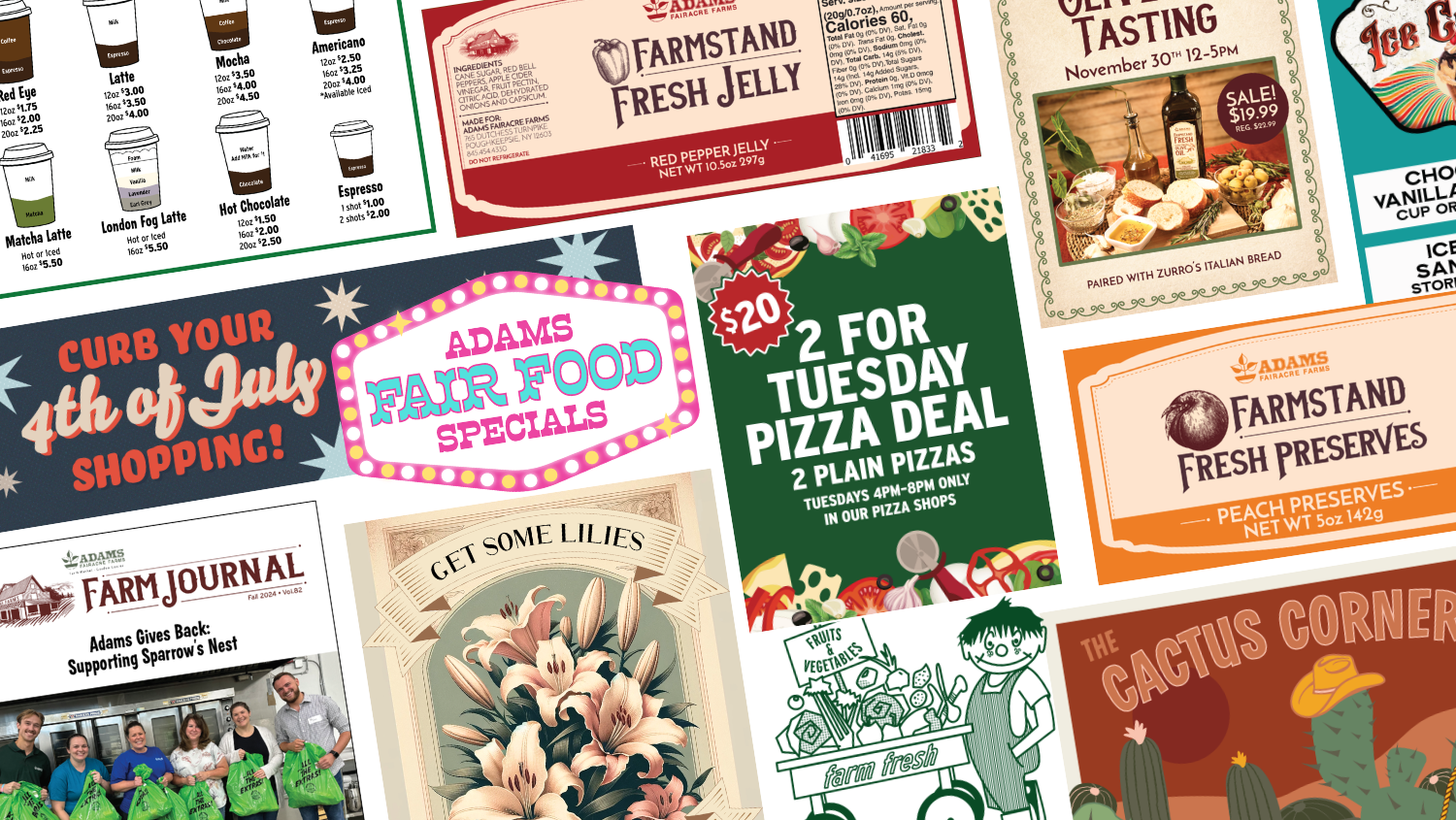 Collection of Adams Fairacre Farms packaging, campaign, menu, and retail designs
