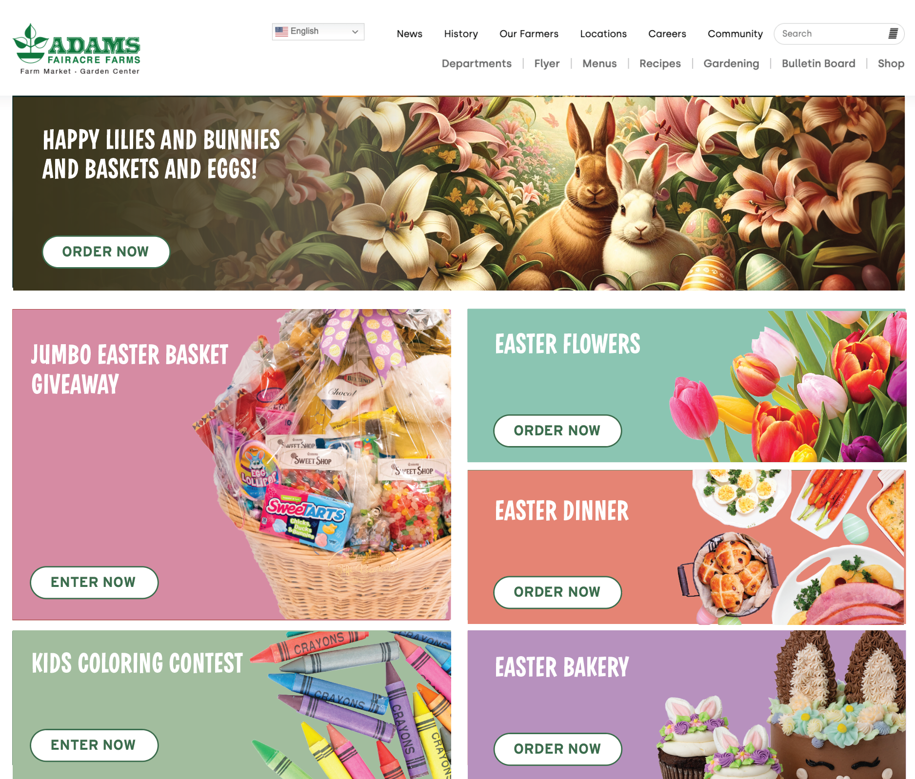 Coordinated Easter homepage graphics for Adams departments, events, and ordering