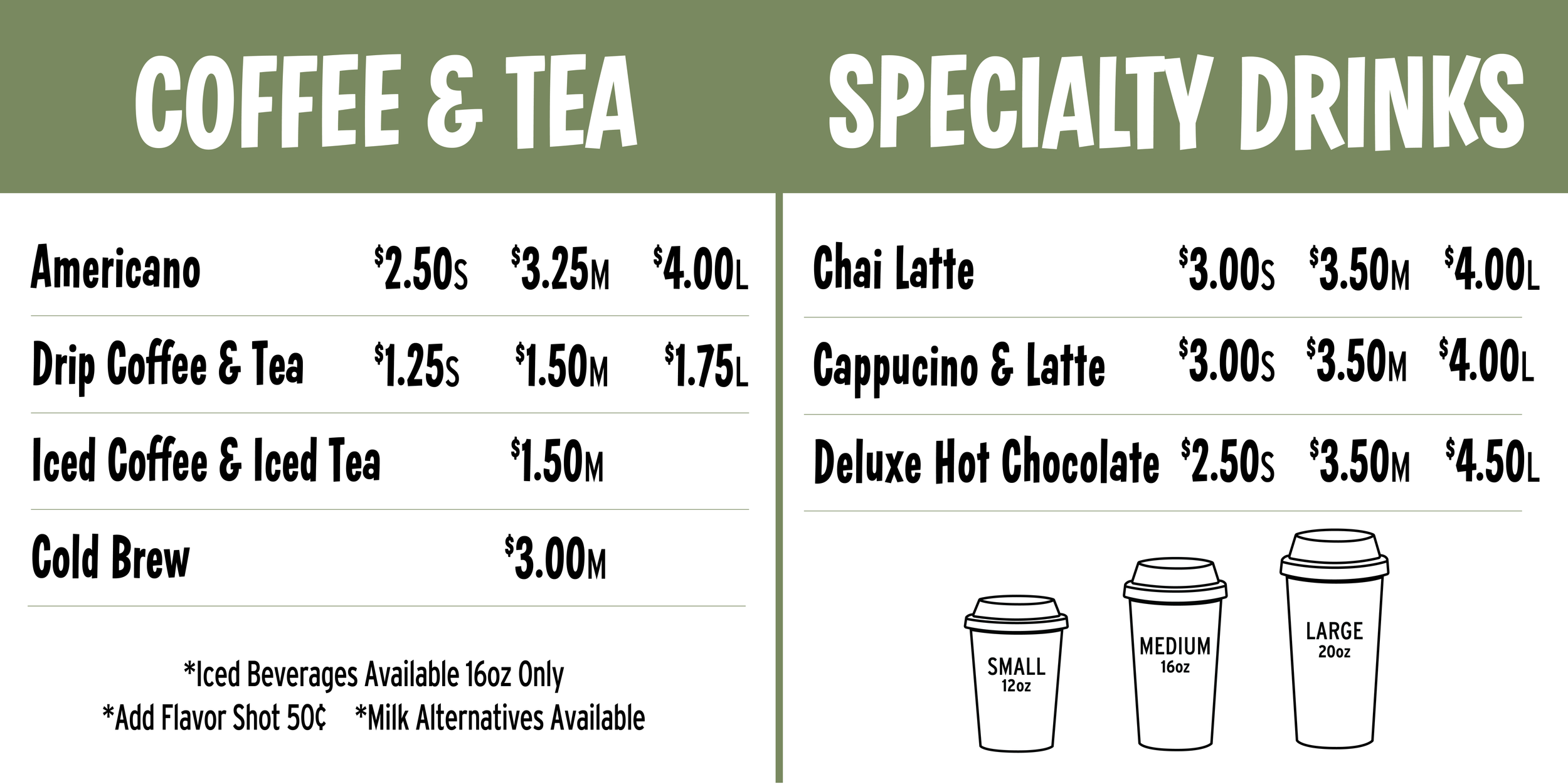 Location-specific Adams coffee and specialty drink menu