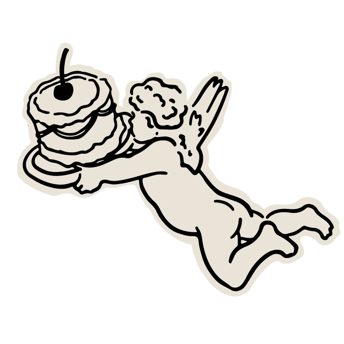 Line art of a cherub holding a tray with a cake topped with a cherry and a swirl of frosting.