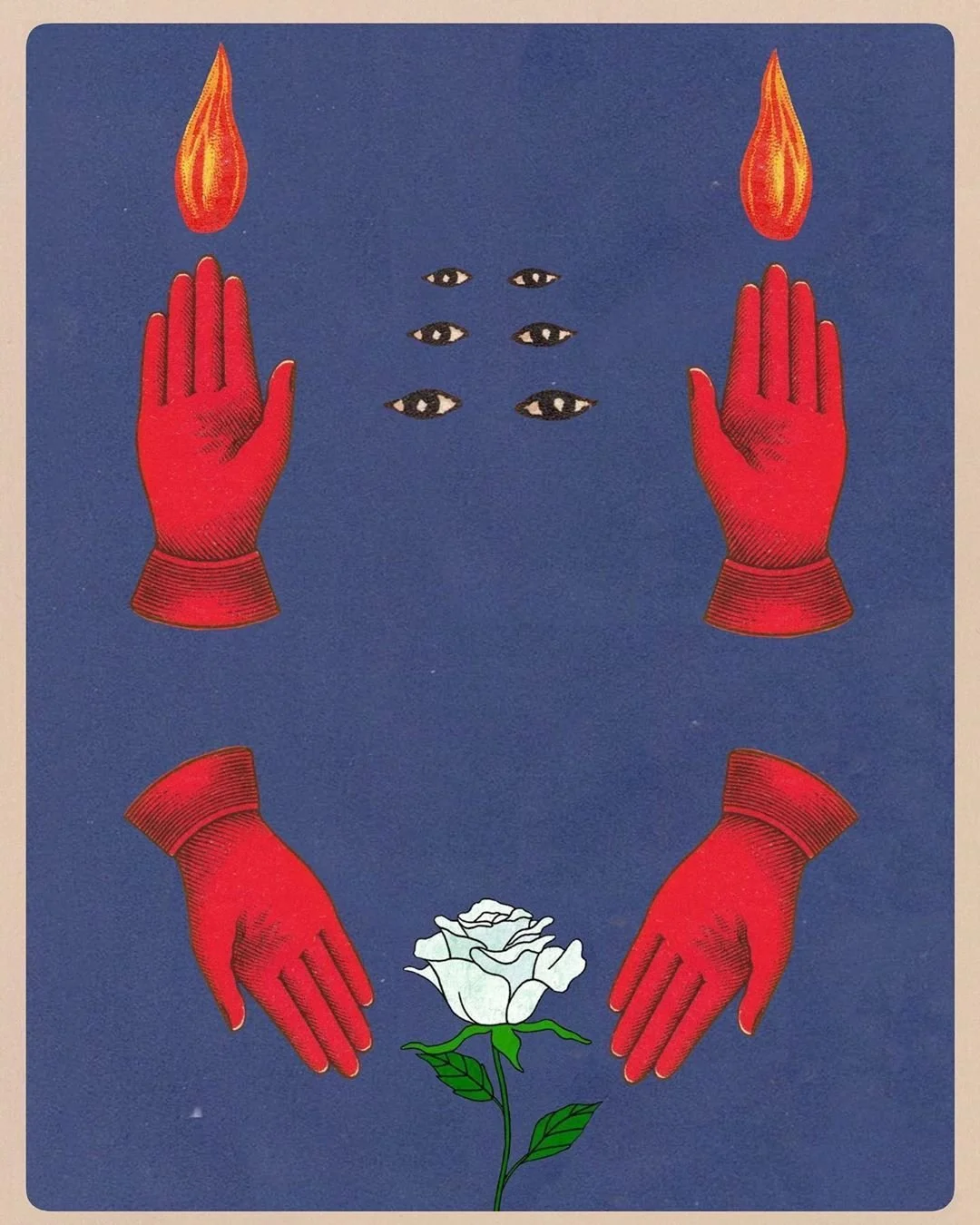 A surreal artwork featuring four red hands, six floating eyes, two flames, and a white rose on a blue background.