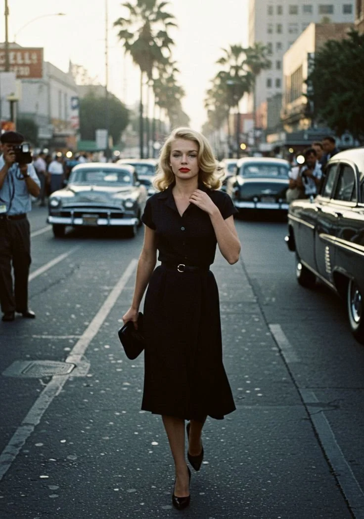 A woman walking down a city street with vintage cars and palm trees in the background.
