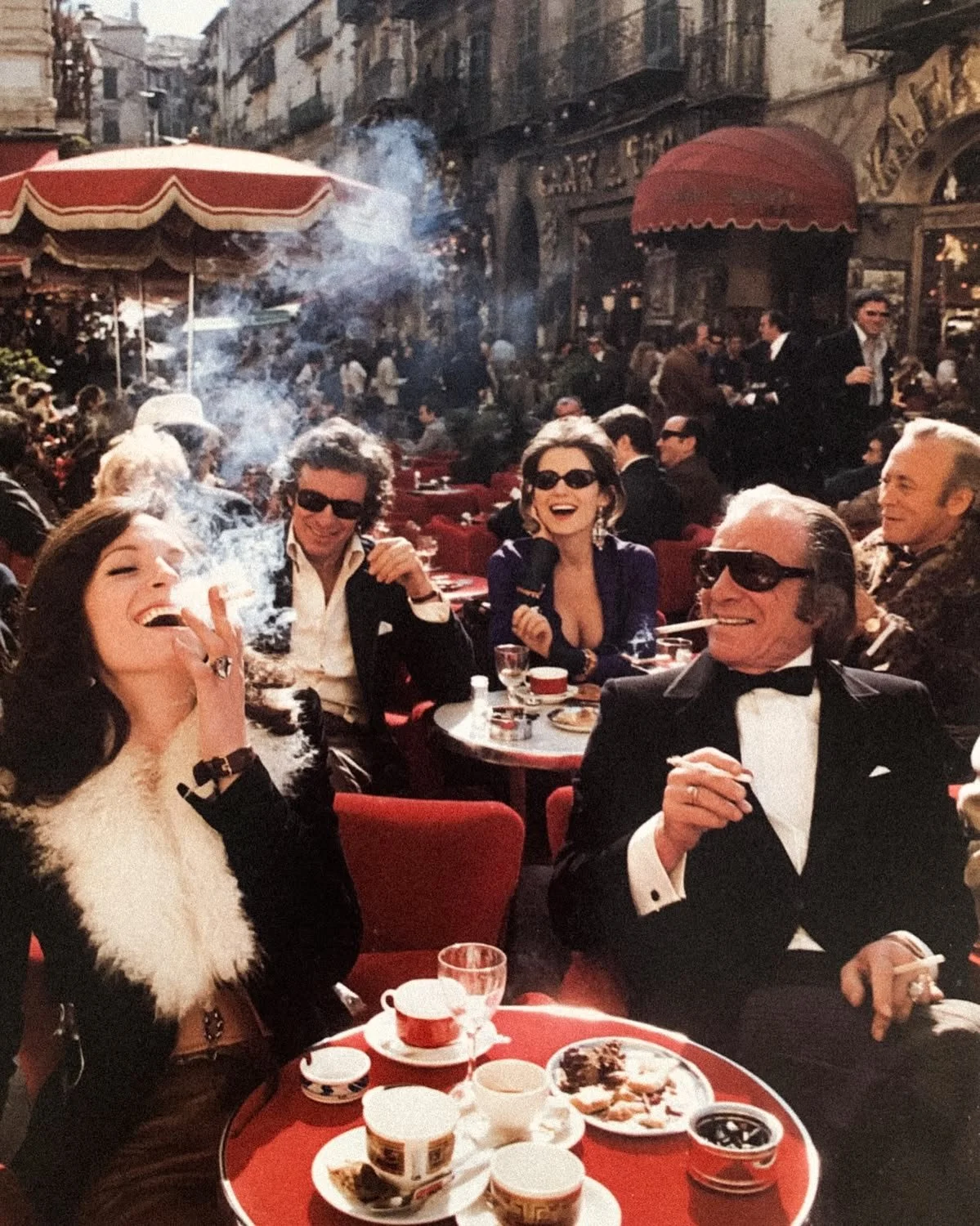 People enjoying coffee at an outdoor cafe in Paris, with some smoking and smiling, in a busy street scene.