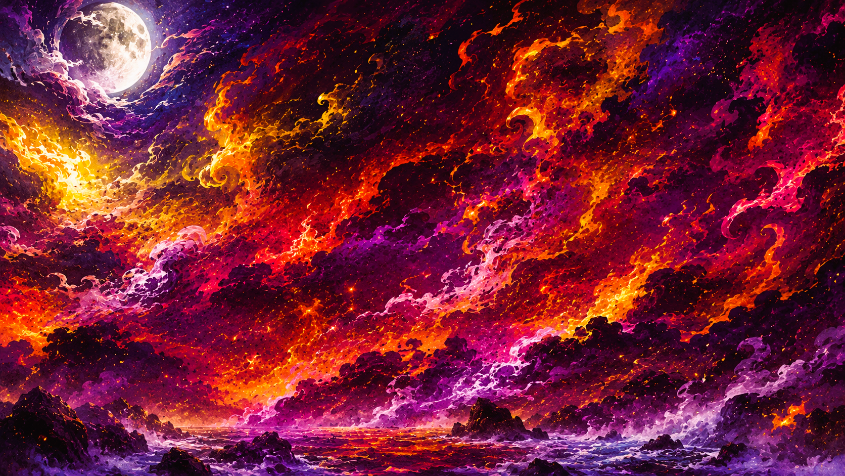 A vibrant digital painting of a cosmic sky with a full moon, swirling colorful clouds in shades of purple, pink, red, orange, and yellow, and a fiery landscape with jagged rocks below.
