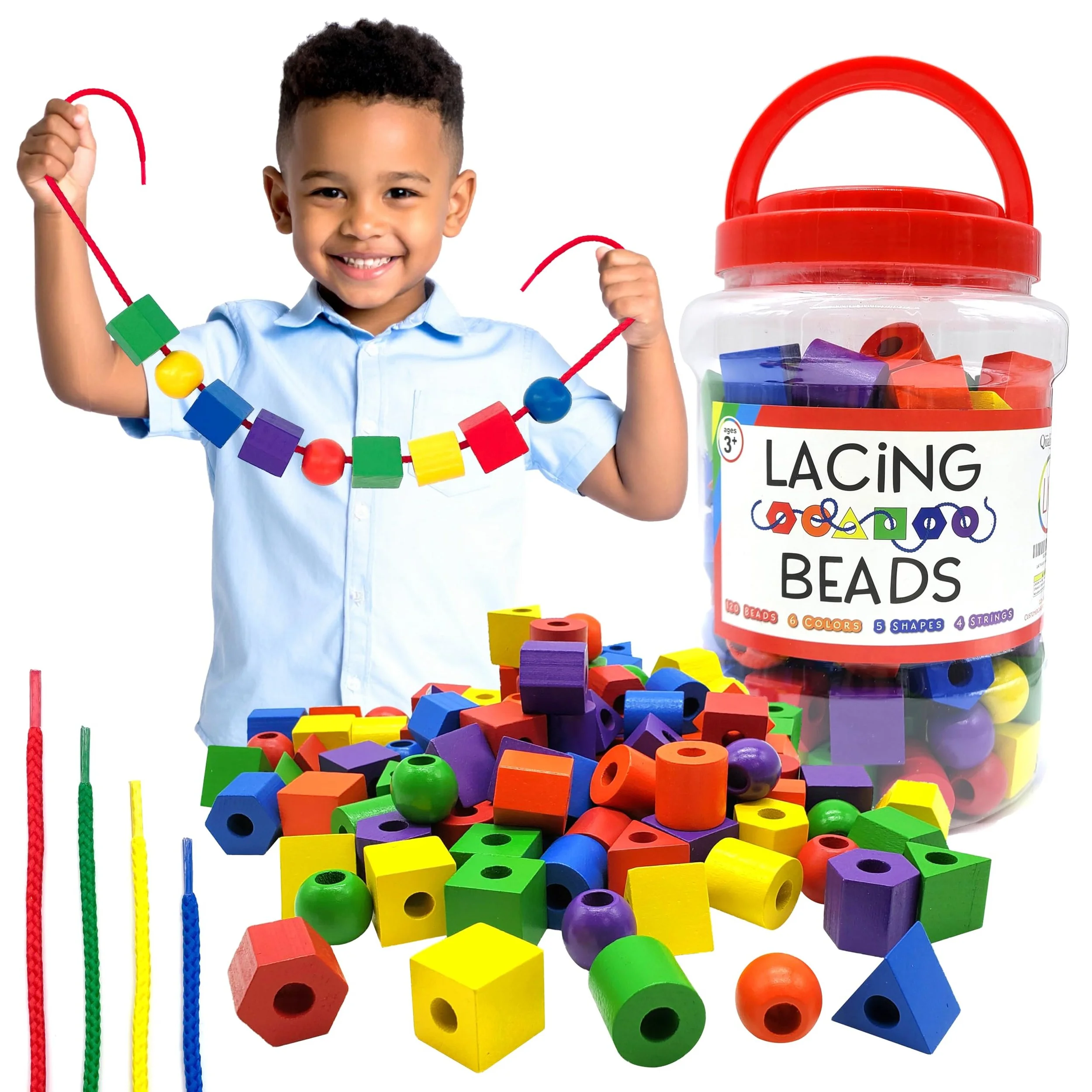 little bot holding up beads laced through string. STEM activity