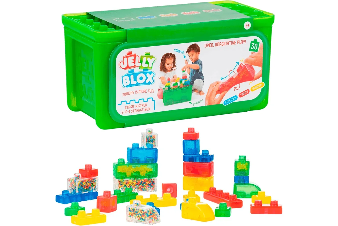 Jelly Blox container with various jelly blox stacked on bottom