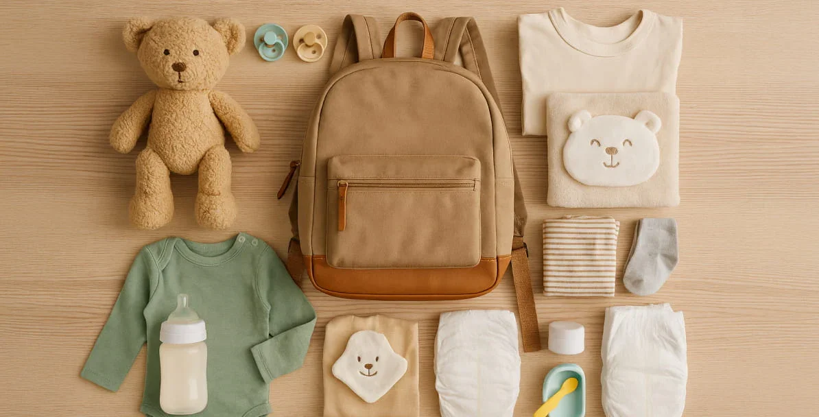 daycare essentials. toy teddy bear, change of clothes, pacifiers, diapers, socks, bottles, and a backpack.
