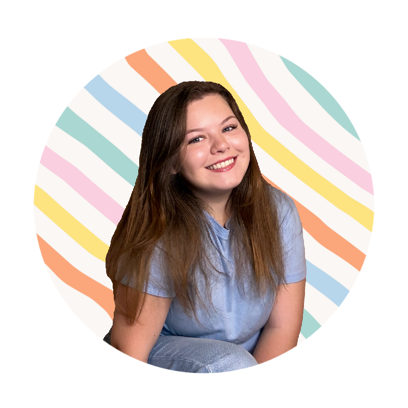 A young woman with long brown hair smiling, wearing a light blue shirt, against a white background with colorful wavy stripes.