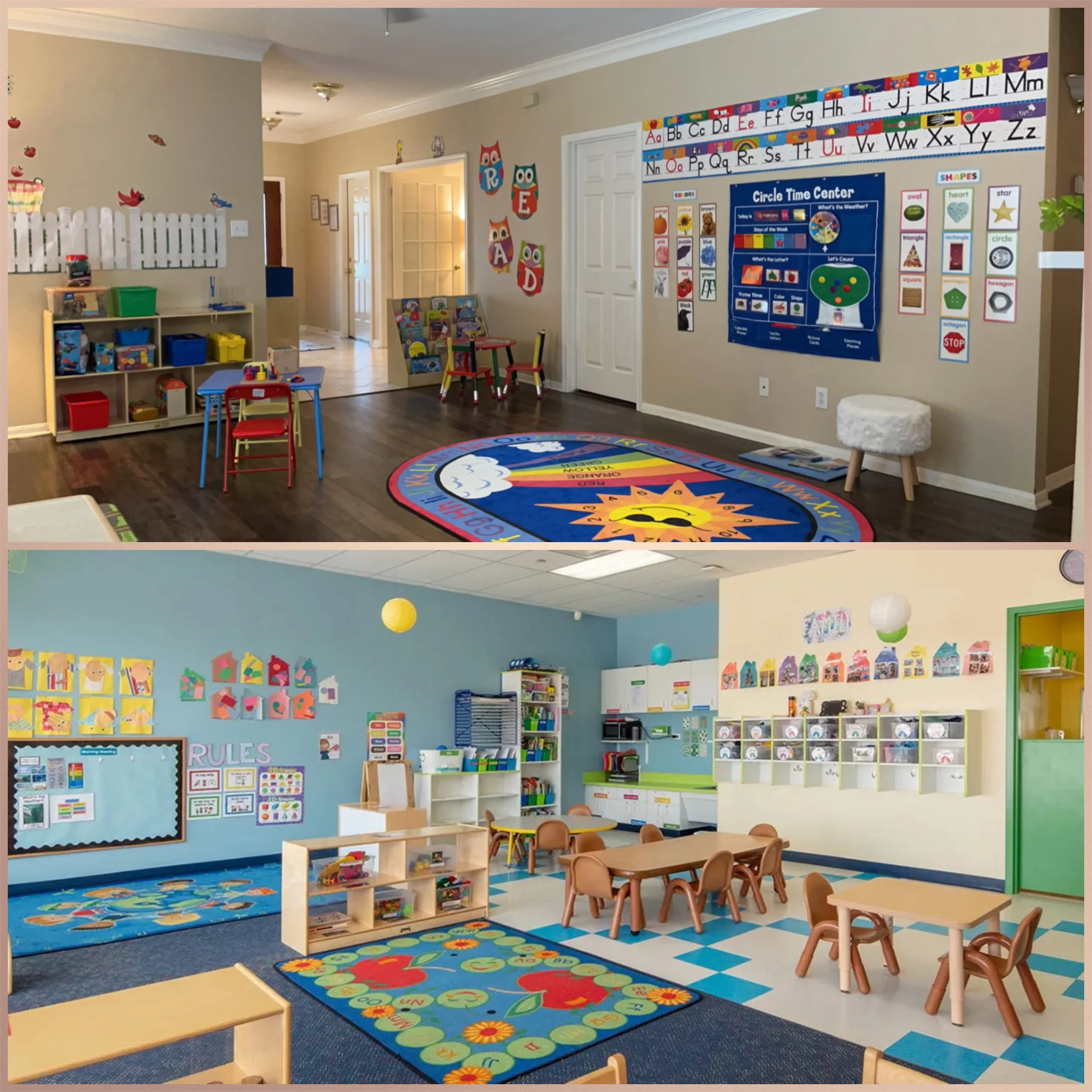 Above image is of a licensed in-home daycare center with a cozy and bright rainbow colored vibe. Below image is inviting traditional daycare center classroom.