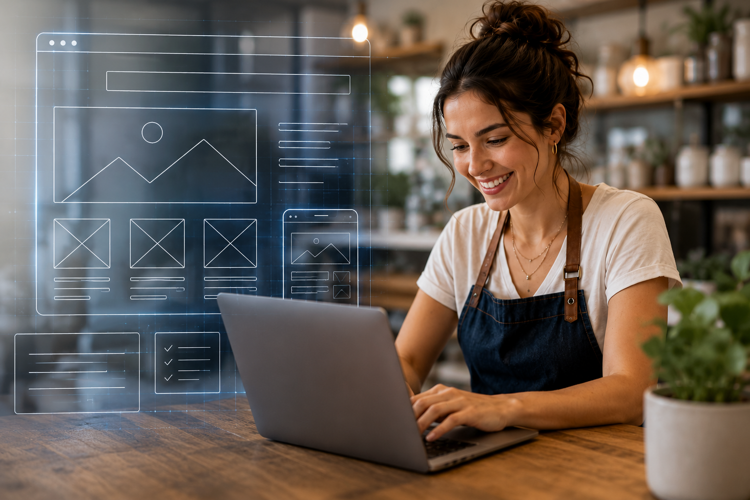 A woman in a cafe or workspace using a laptop, with a virtual overlay of user interface design sketches including images, buttons, and checklists.