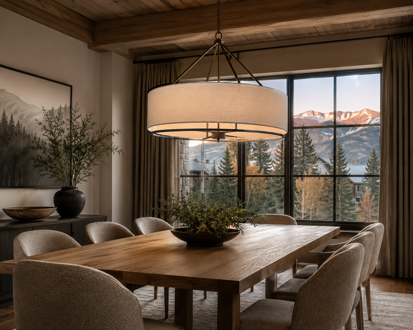A dining room with a large wooden table, beige upholstered chairs, a circular pendant light, and a window showing mountains and trees outside.