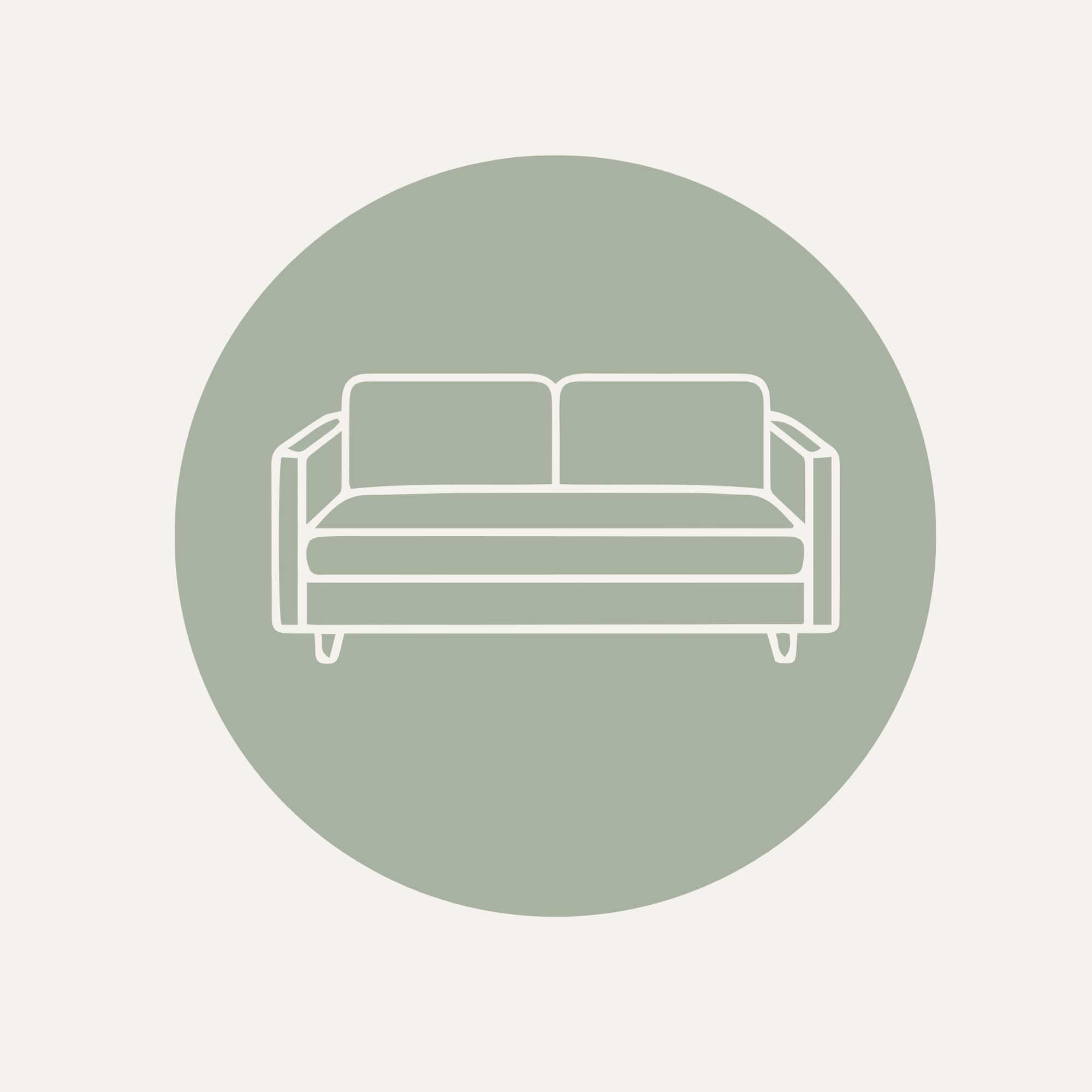 Minimalist illustration of a white sofa on a green half-circle background.