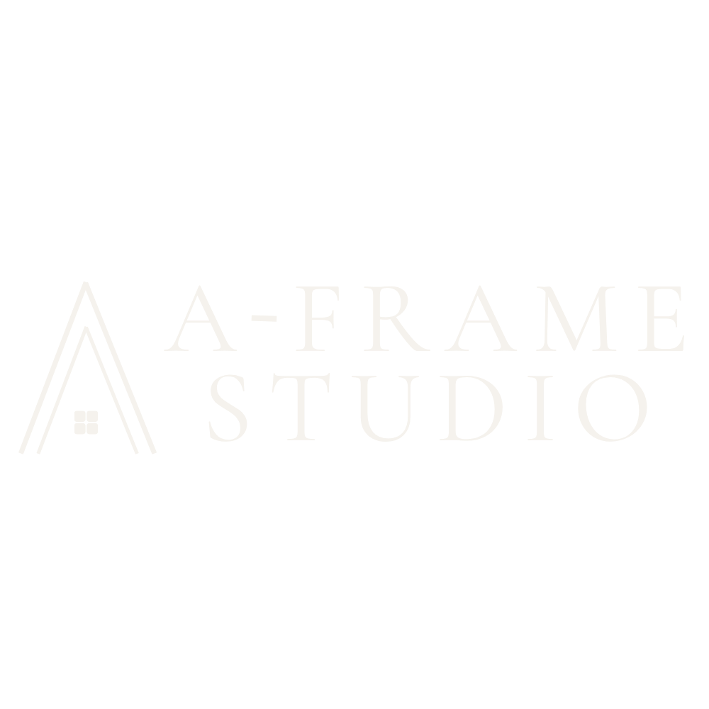 Logo for A-Frame Studio featuring a stylized house with a triangle roof and four-square window, with the studio name in white text on a black background.