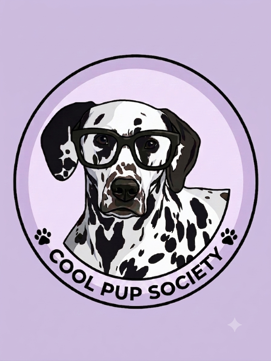 Illustration of a Dalmatian dog wearing black glasses inside a circular logo with the text "Cool Pup Society" and paw prints on a purple background.
