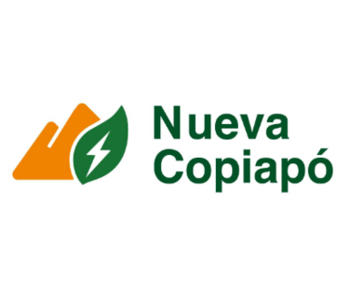 Logo of Nueva Copiapó with an orange mountain, green leaf with a lightning bolt, and green text.