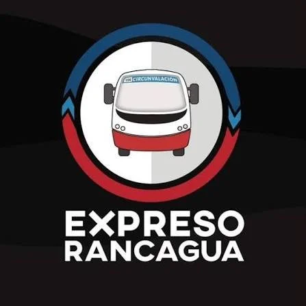 Logo of a bus with the words 'EXPRESO RANCAGUA' underneath, featuring a circular design with red, white, and blue colors.
