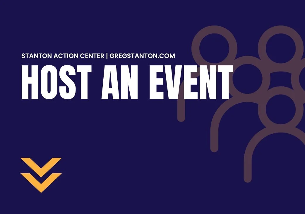 Event promotion poster for hosting an event at Stanton Action Center, featuring bold white text on a dark background with graphic line art of people.