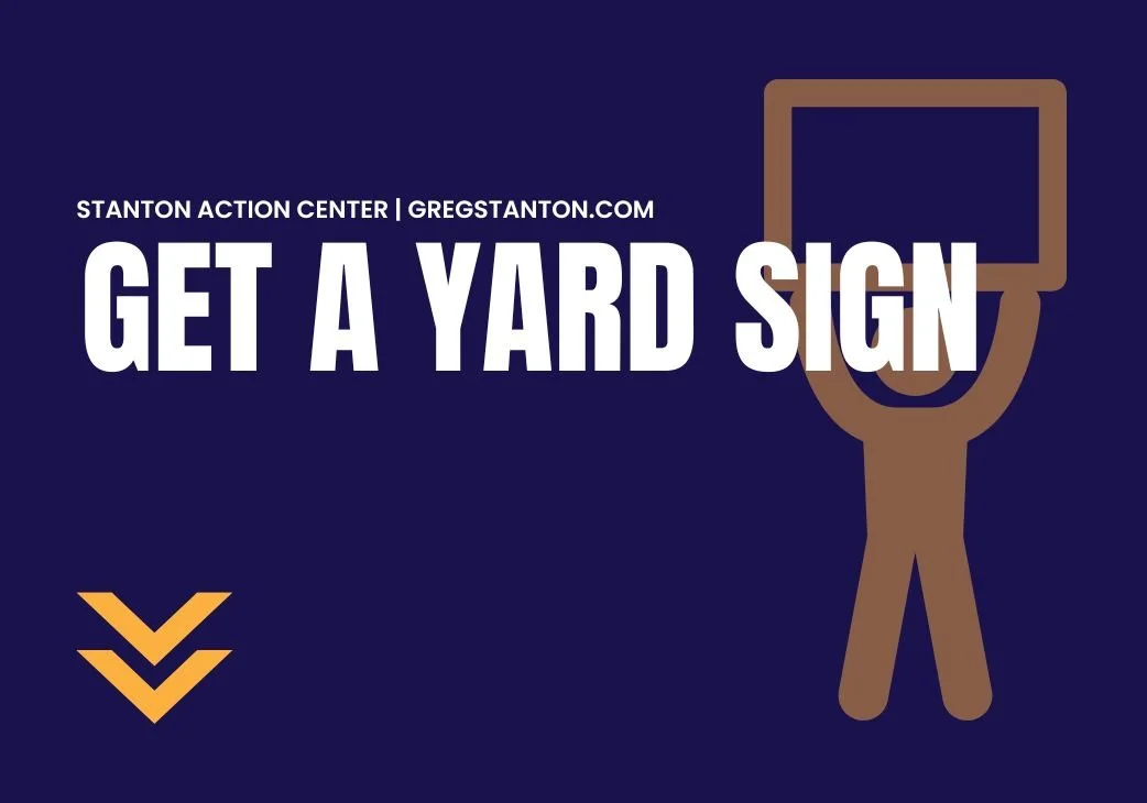 An advertisement for the Stanton Action Center encouraging people to get a yard sign, featuring a stylized icon of a person holding a sign.